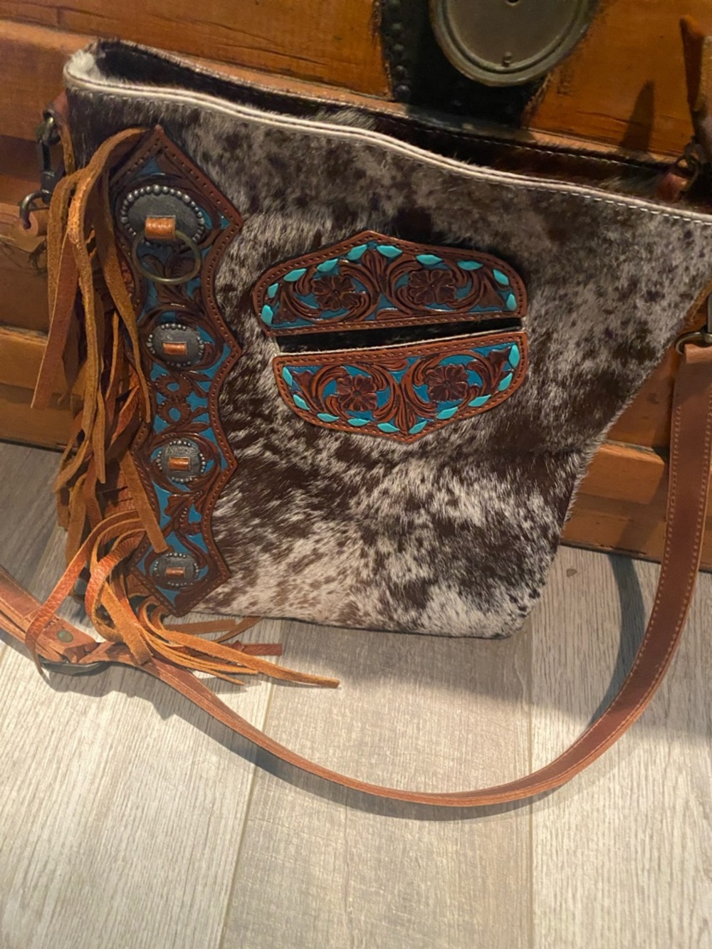 American Darling Brown Cowhide Crossbody with Turquoise Inlay and Fringe